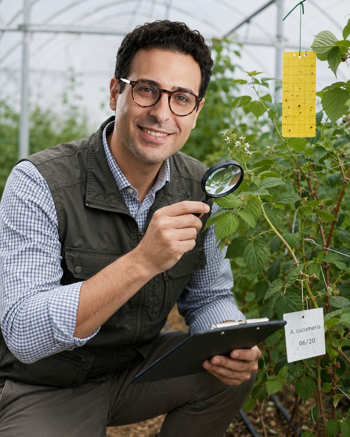 Carmelo Tilaro esegue un controllo biologico in serra con lente di ingrandimento e clipboard