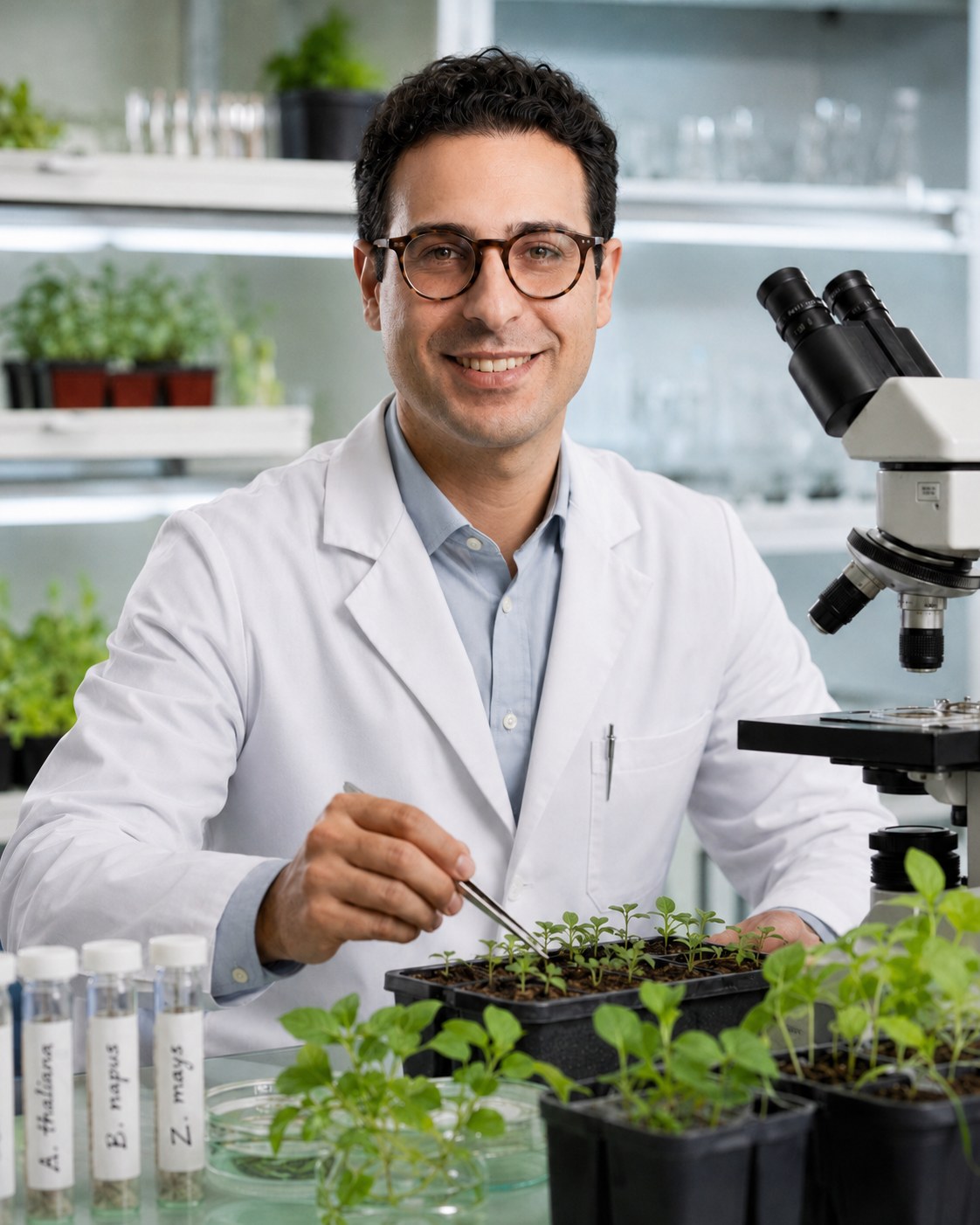 Carmelo Tilaro in laboratorio con piantine, pinzette e microscopio
