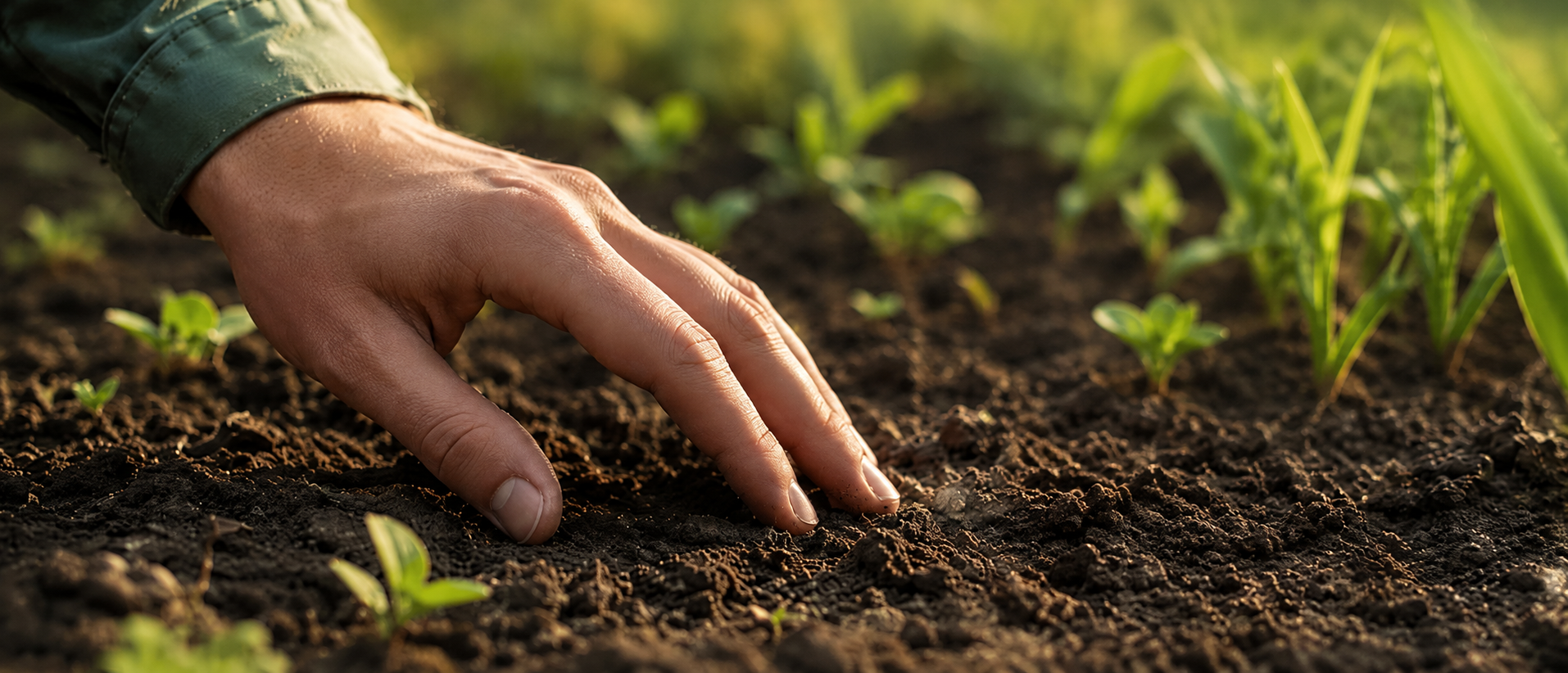 Mano appoggiata sul terreno coltivato, tra piccole piantine in crescita
