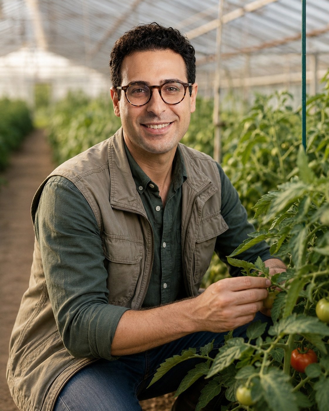 Carmelo Tilaro in serra mentre osserva e cura piante di pomodoro